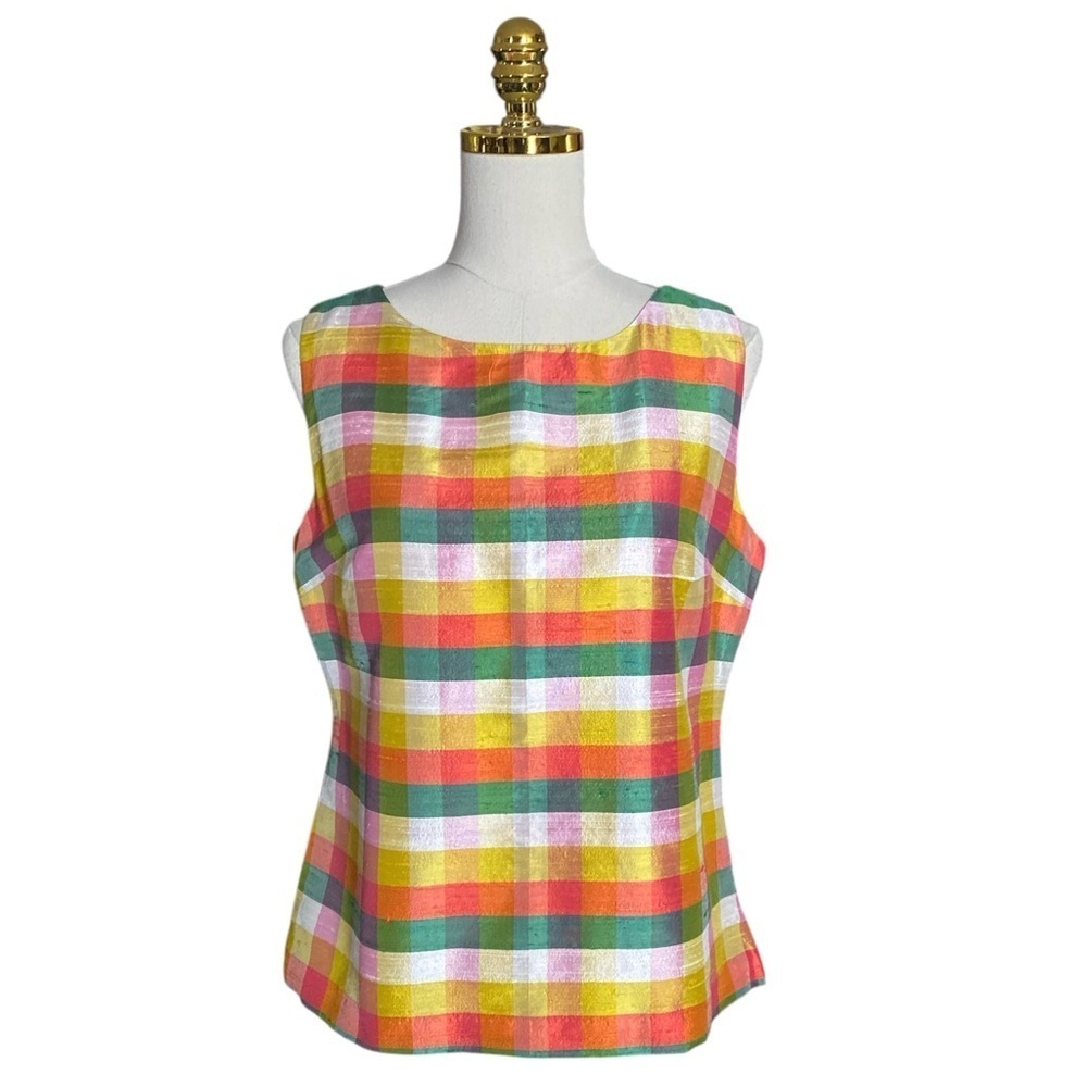 TALBOTS Multicolor Plaid Shantung 100% Silk Sleeveless Office Siren Top Size 10